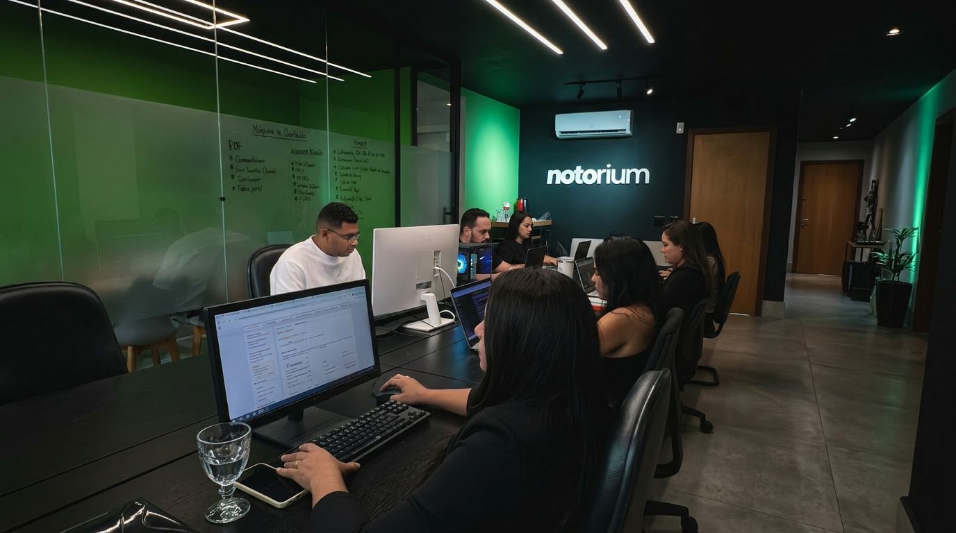 Equipe da Notorium em reunião no escritório